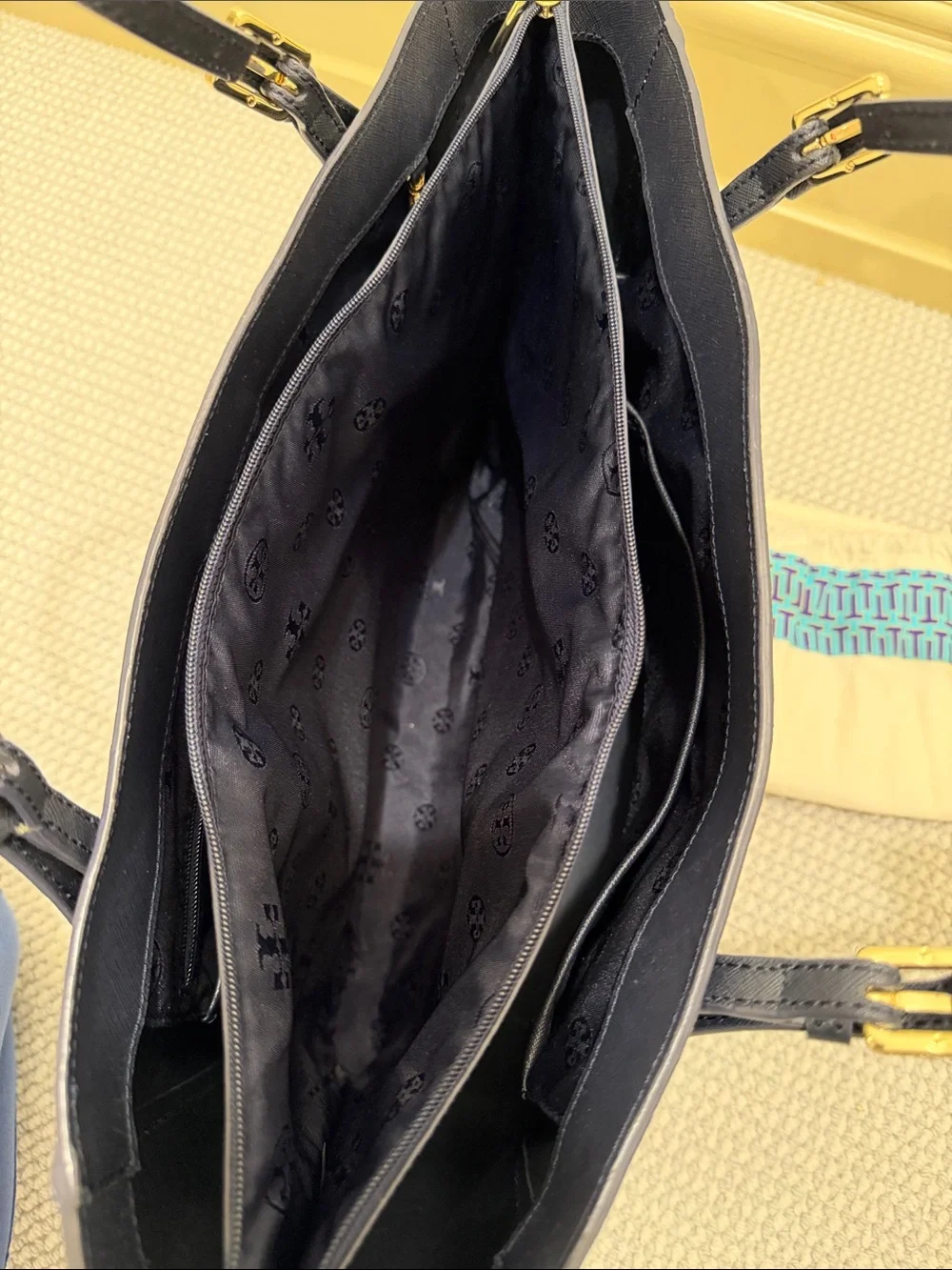 Tory Burch Navy Leather Double-Handle Tote with Gold Logo
